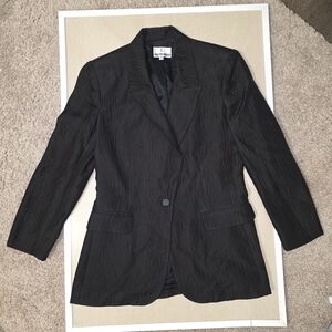 Vintage Silk-Wool Black Textured Single-Button Blazer